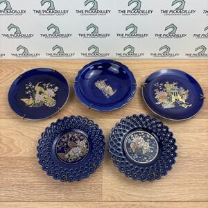 Vintage Cobalt Blue Japanese Decorative Plates Set 5 Peacock Floral Gold 6"